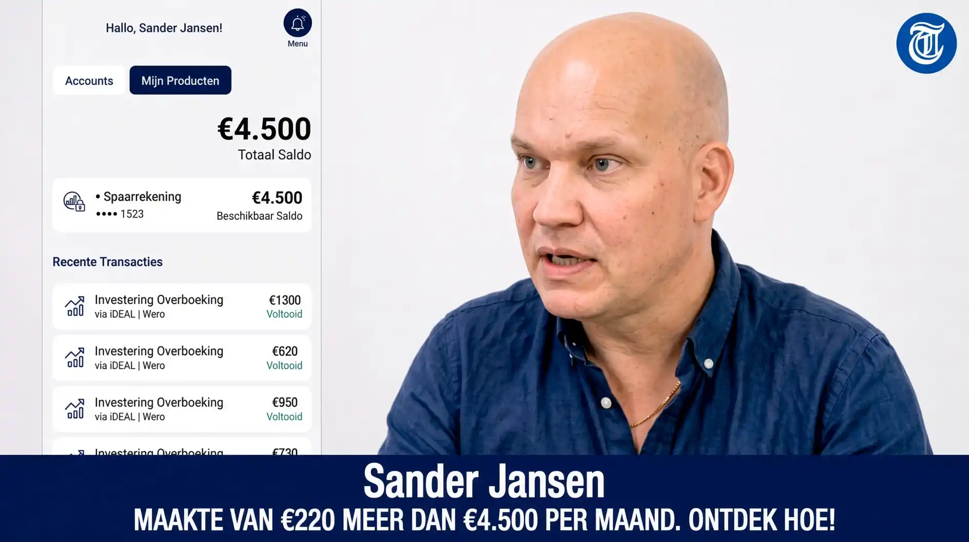 Sander Jansen en een schermafbeelding van zijn account op het platform