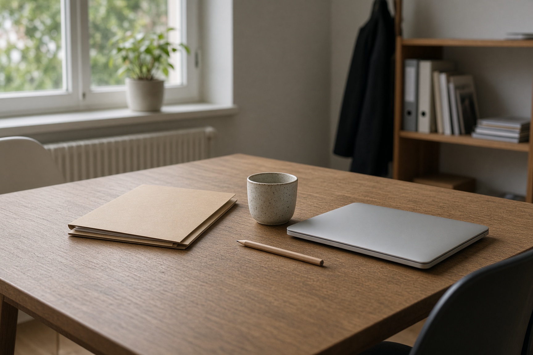 Opgeruimde werktafel met dichte mappen en een gesloten laptop